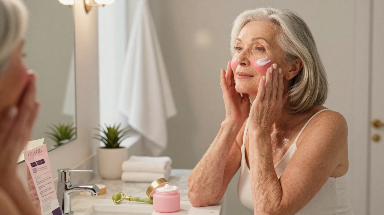 Mulher madura aplicando creme facial em frente ao espelho no banheiro iluminado.