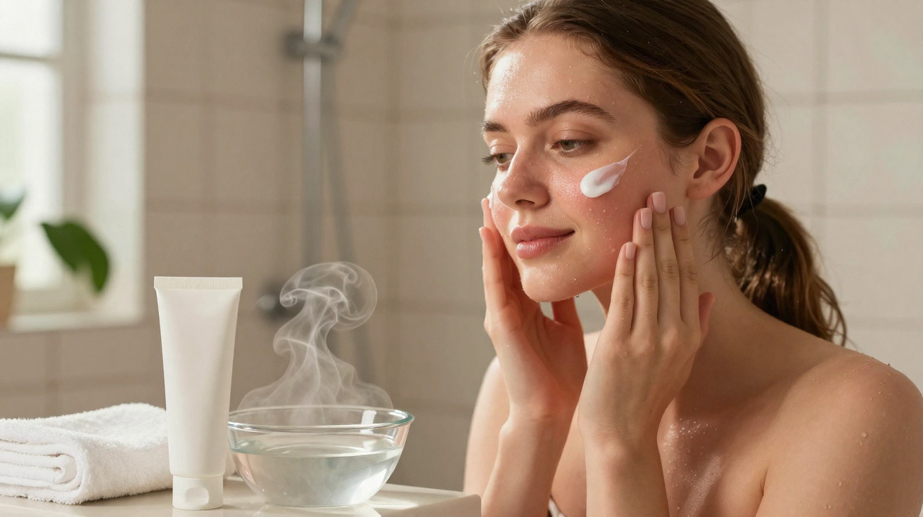 Mulher aplicando creme facial após vaporização, em banheiro com toalha branca e planta ao fundo.