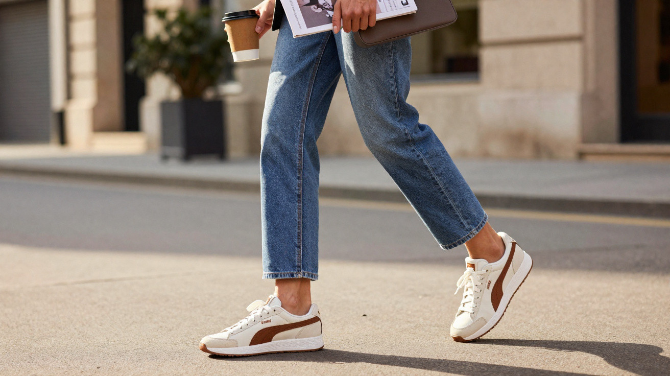 Pessoa caminhando na rua com calça jeans, tênis branco e segurando café e pasta.