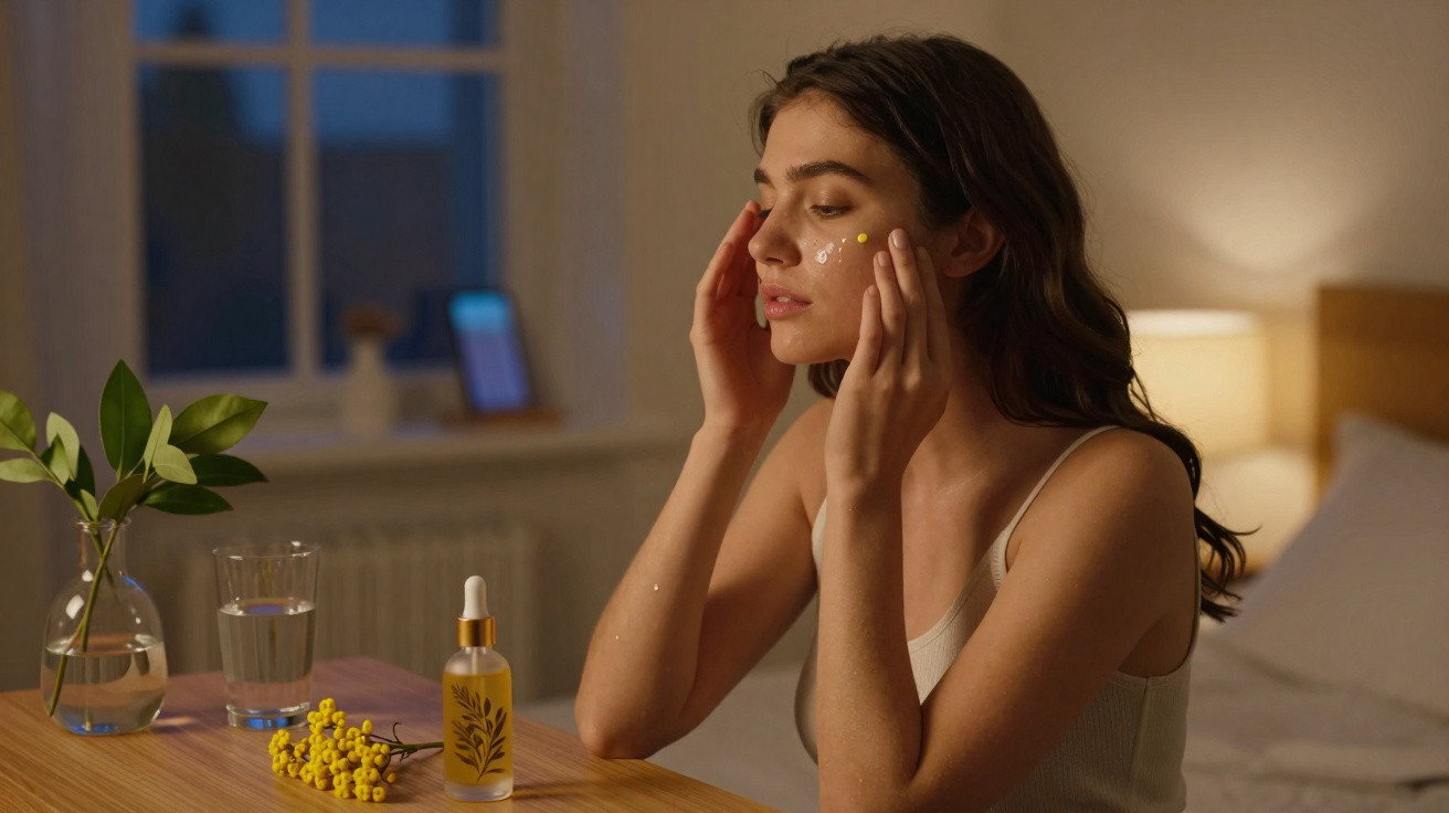 Mulher aplicando creme facial sentada à mesa com vidro de água, flor amarela e frasco de óleo.