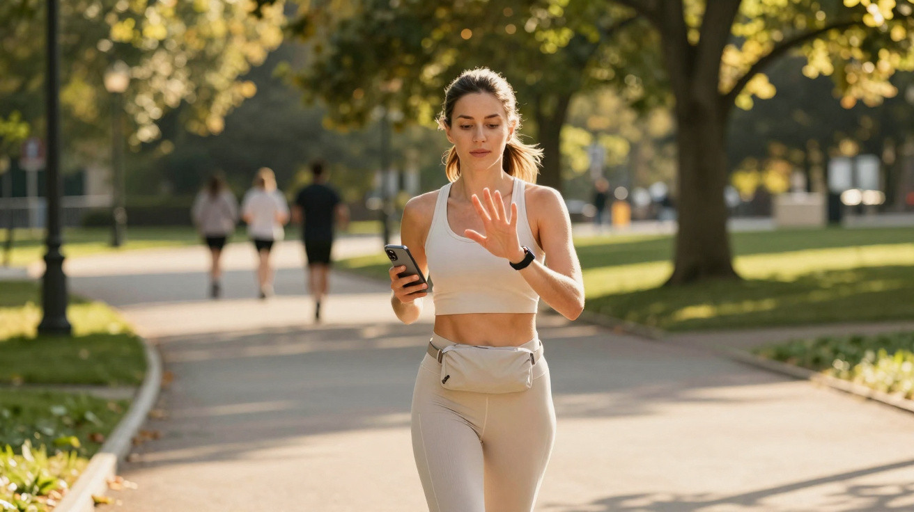 Mulher caminhando no parque usando roupas esportivas, com celular na mão e fone de ouvido.