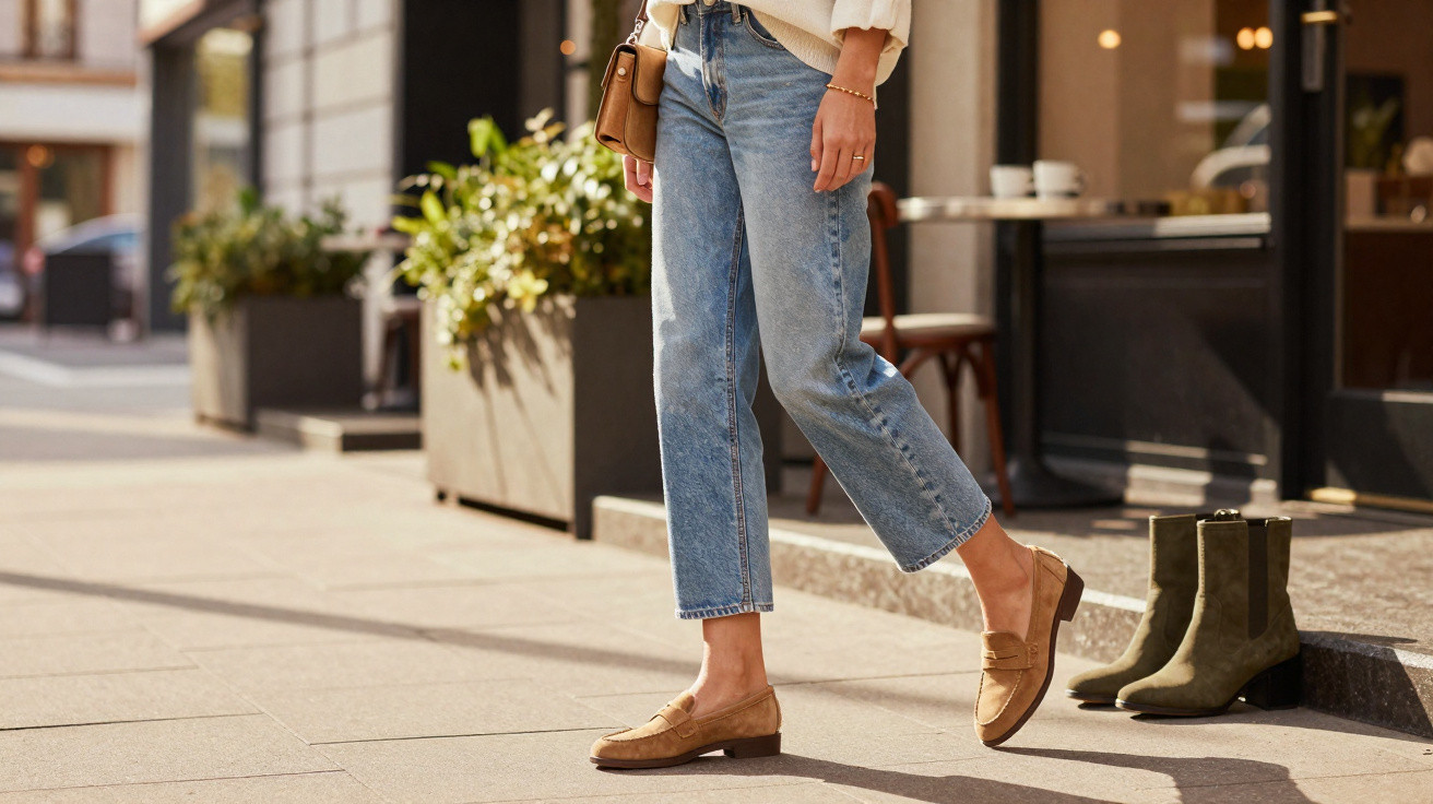 Pessoa vestindo calça jeans azul e mocassim marrom clara caminhando em calçada urbana.