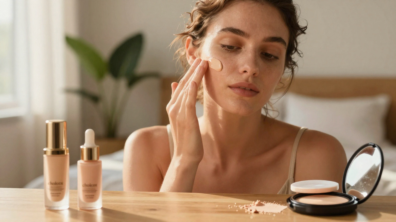 Mulher aplicando base de maquiagem no rosto sentada em frente a espelho e produtos de beleza sobre a mesa.