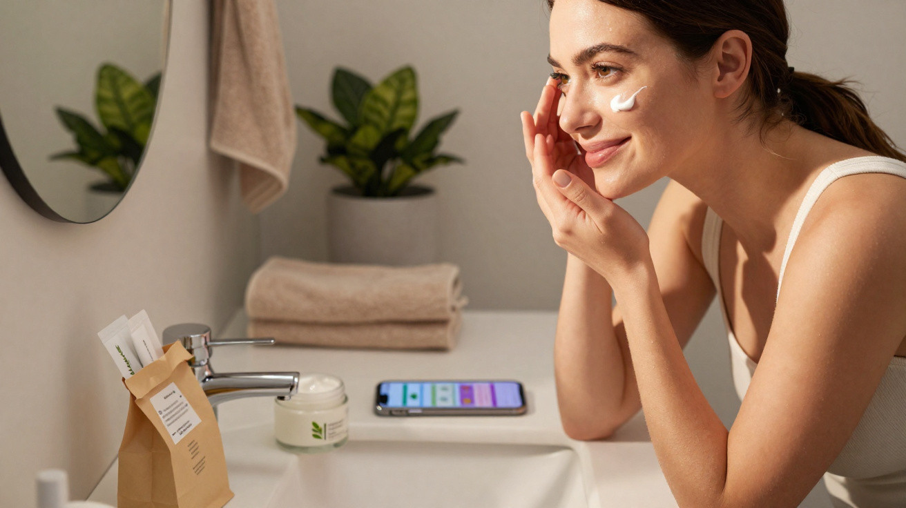 Mulher aplicando creme facial em casa, em frente à pia do banheiro com plantas ao fundo.