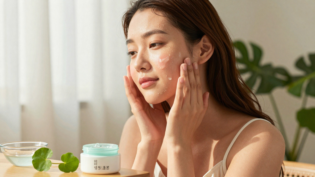 Mulher aplicando creme facial em ambiente iluminado, com pote de creme e planta ao lado.