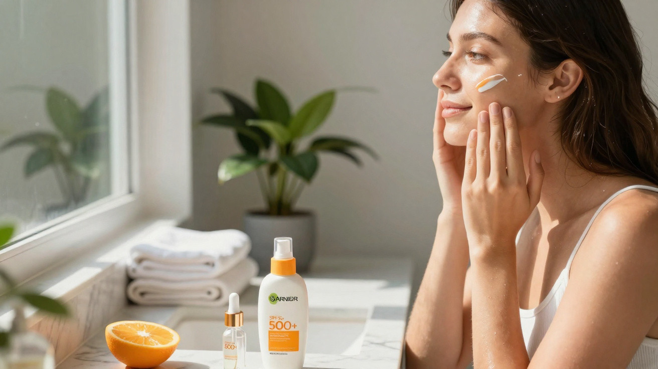 Mulher aplicando protetor solar no rosto próxima a janela com produtos de cuidados na bancada.