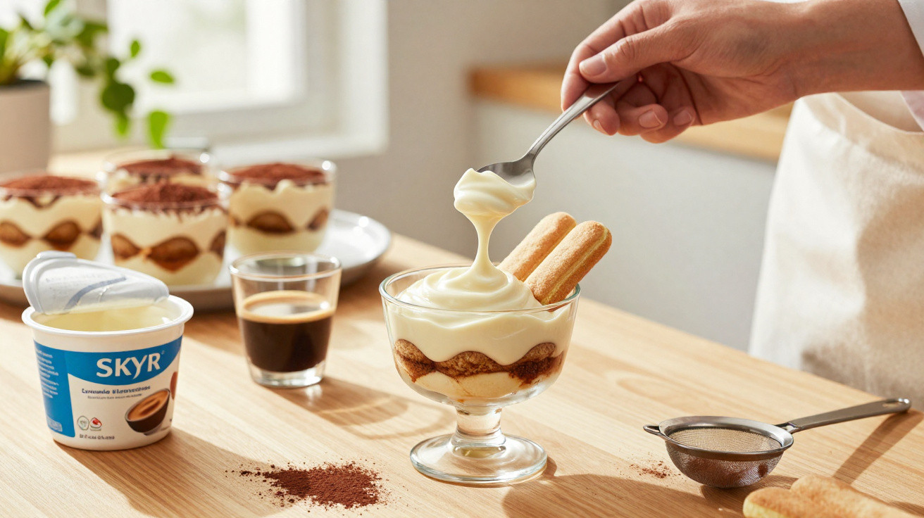 Pessoa preparando sobremesa cremosa com biscoitos, cacau, café e iogurte Skyr sobre mesa de madeira clara.