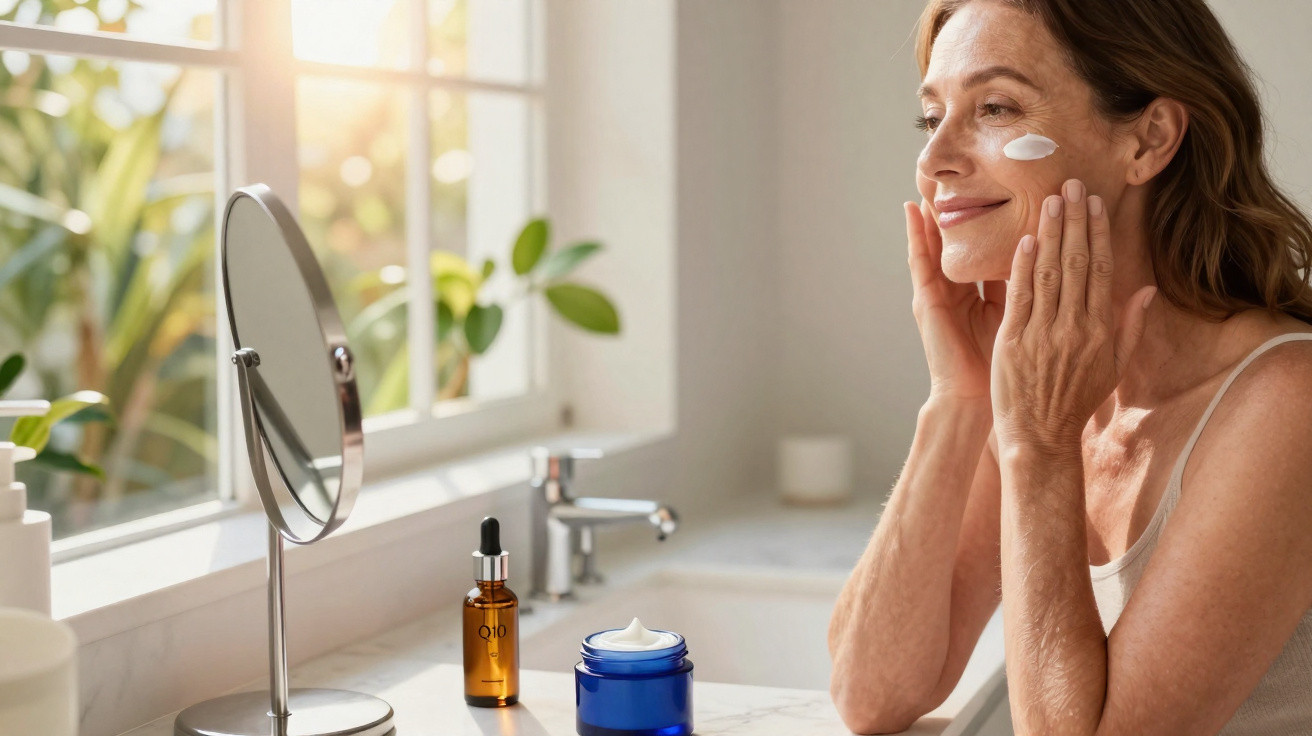 Mulher madura aplicando creme facial em banheiro iluminado com espelho e frascos de cosméticos na bancada.