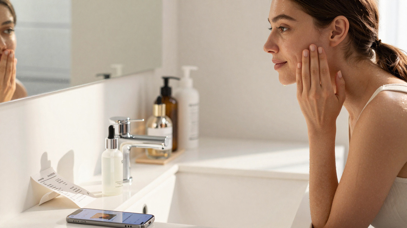 Mulher analisando a pele do rosto em frente ao espelho no banheiro com produtos de skincare ao lado.