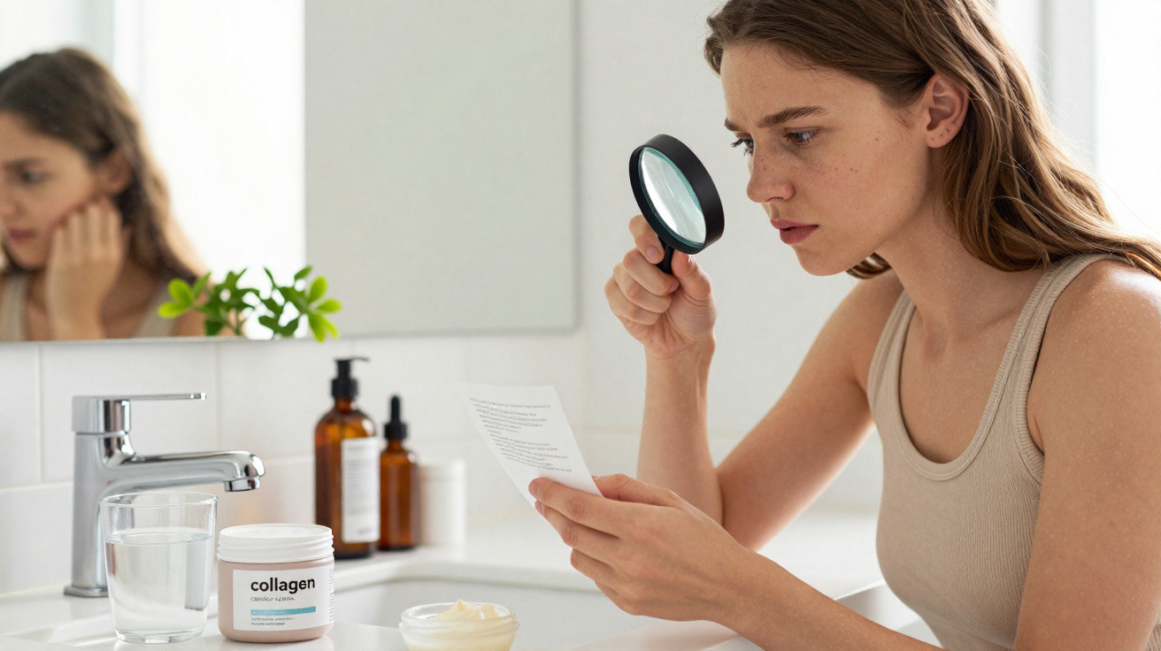 Mulher usando lupa para ler rótulo de produto cosmético no banheiro ao lado de cremes e copo d'água.