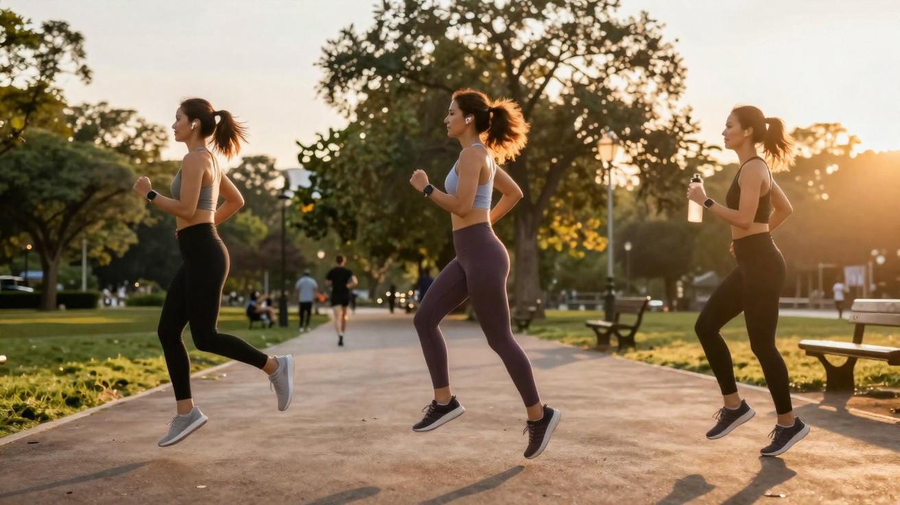 Três mulheres correndo em parque ao pôr do sol, vestindo roupas esportivas e fones de ouvido.