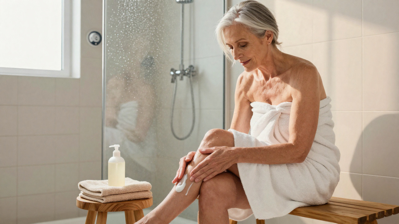 Mulher madura com toalha branca aplicando creme nas pernas em banheiro com banheira.