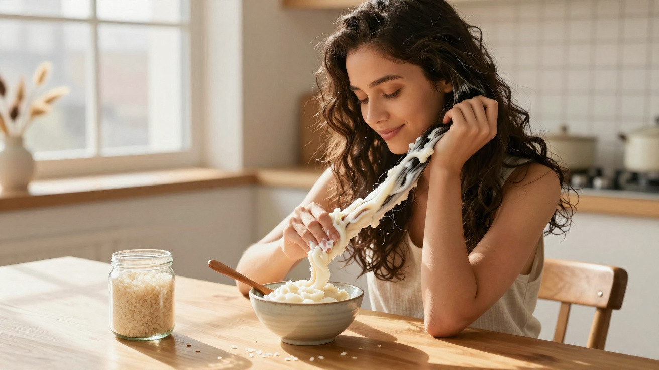 Mulher sorridente puxando macarrão de um bowl em mesa de cozinha iluminada pela luz natural.