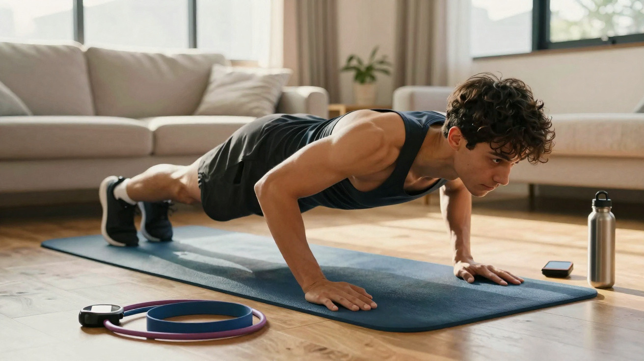 Homem fazendo flexão no tapete de yoga em sala iluminada com garrafa de água e celular ao lado.