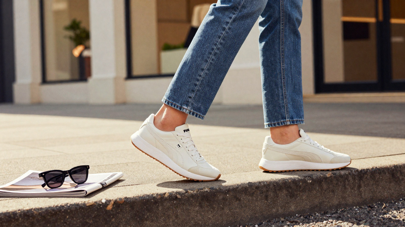 Pessoa usando tênis branco e calça jeans caminhando na calçada ao lado de jornal e óculos escuros.