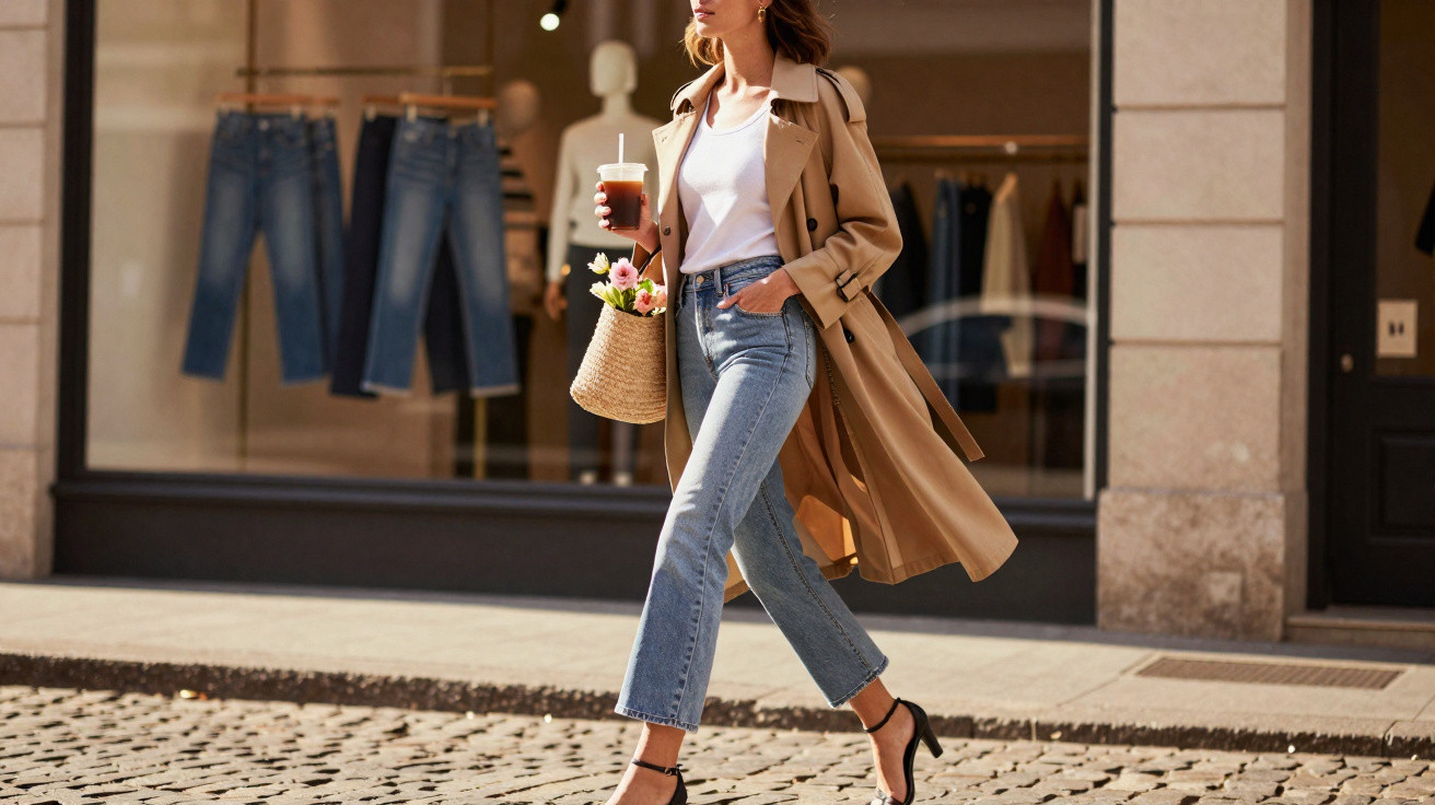 Mulher elegante usando trench coat bege, jeans e sandálias pretas, caminhando com bolsa de palha e café na mão.