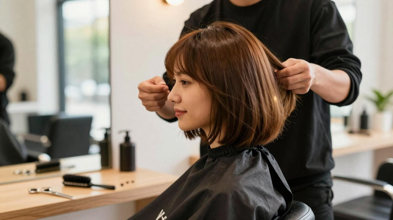 Mulher sorridente recebendo corte de cabelo em salão moderno com espelho e cadeiras.