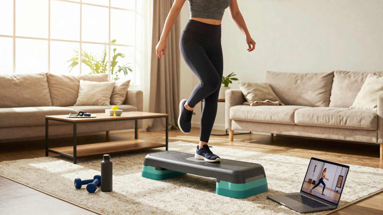 Pessoa praticando exercícios em casa com step, laptop e halteres na sala de estar bem iluminada.