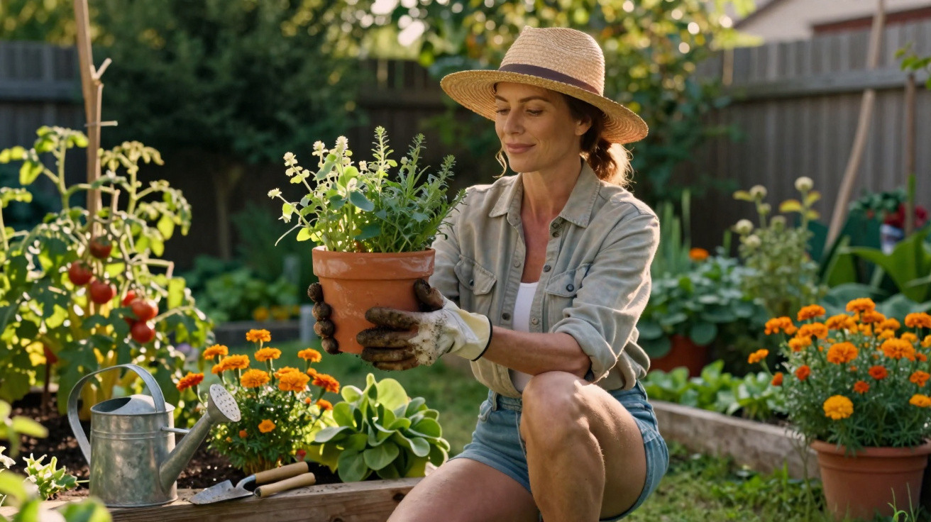 Mulher com chapéu de palha cuidando de plantas em jardim com flores e regador ao lado.