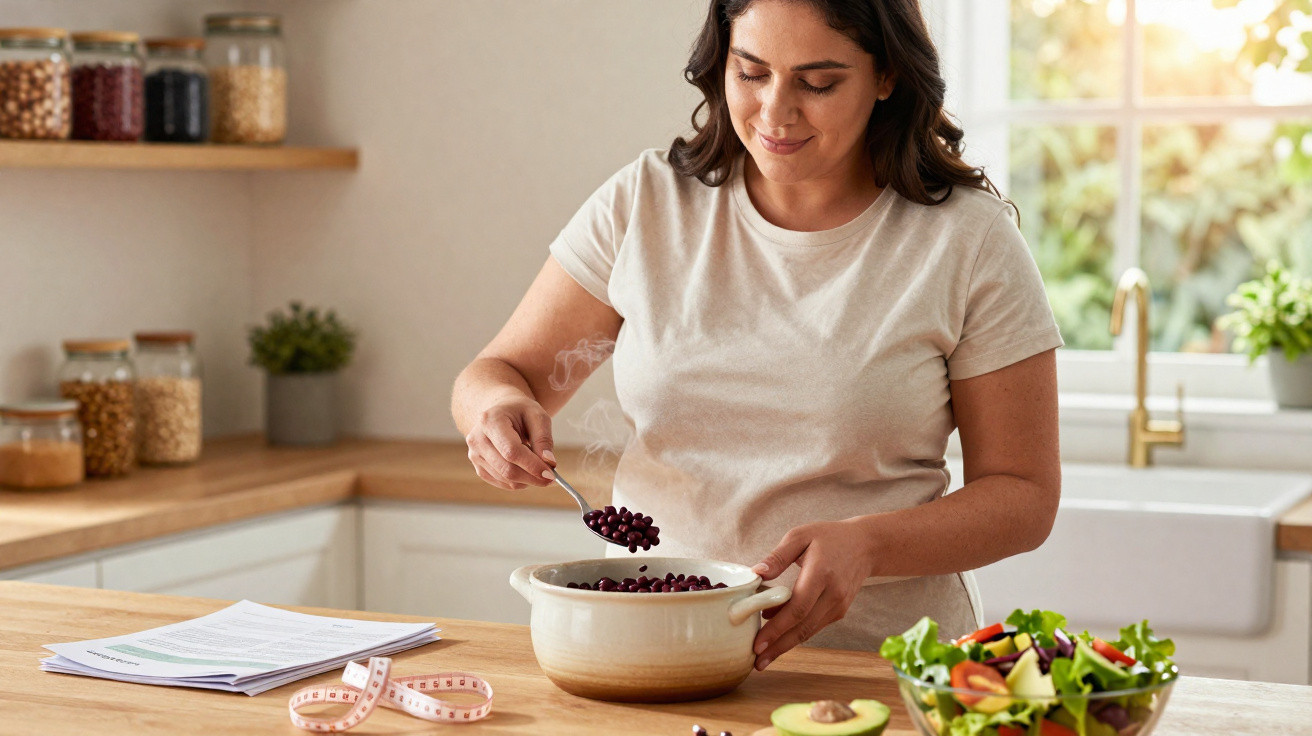 Mulher preparando feijão na cozinha, ao lado de salada, abacate, fichas e fita métrica sobre bancada.