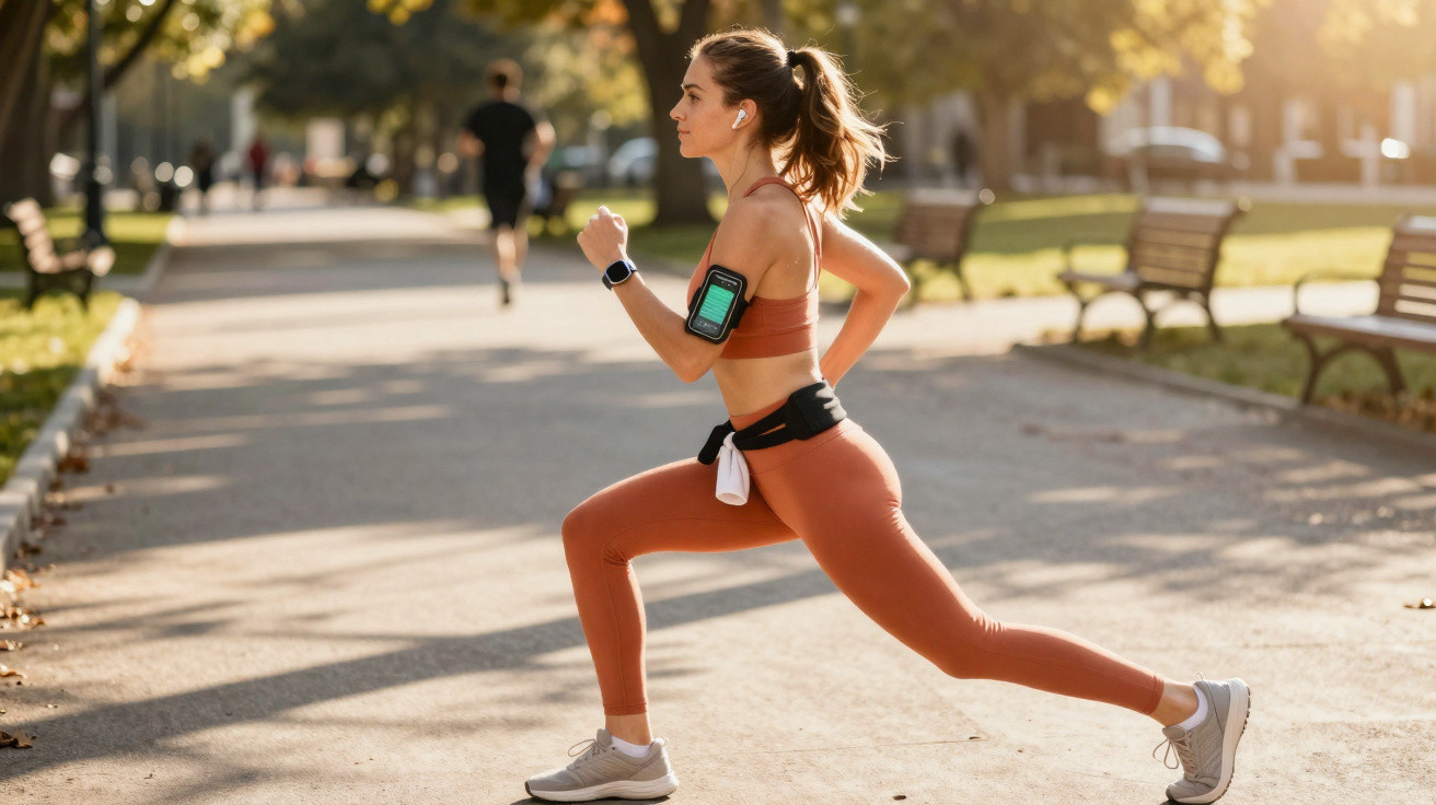 Mulher jovem em roupa esportiva realizando alongamento em parque ao ar livre ao entardecer.