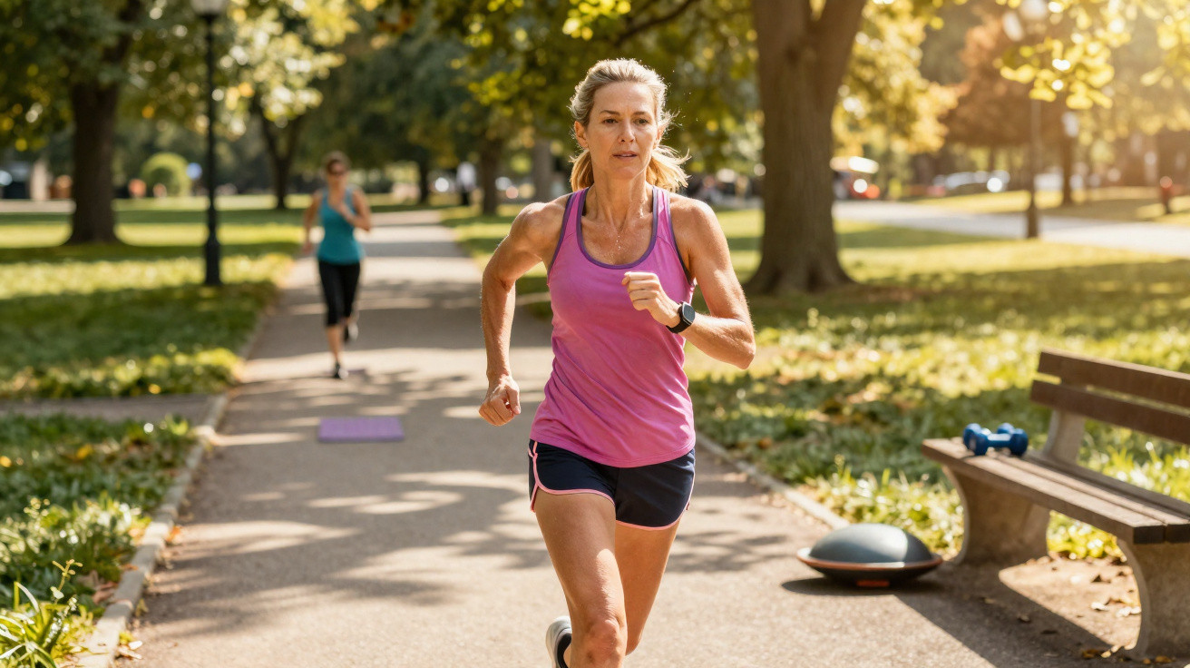 Mulher madura correndo em parque ensolarado, usando roupa esportiva rosa e relógio fitness.